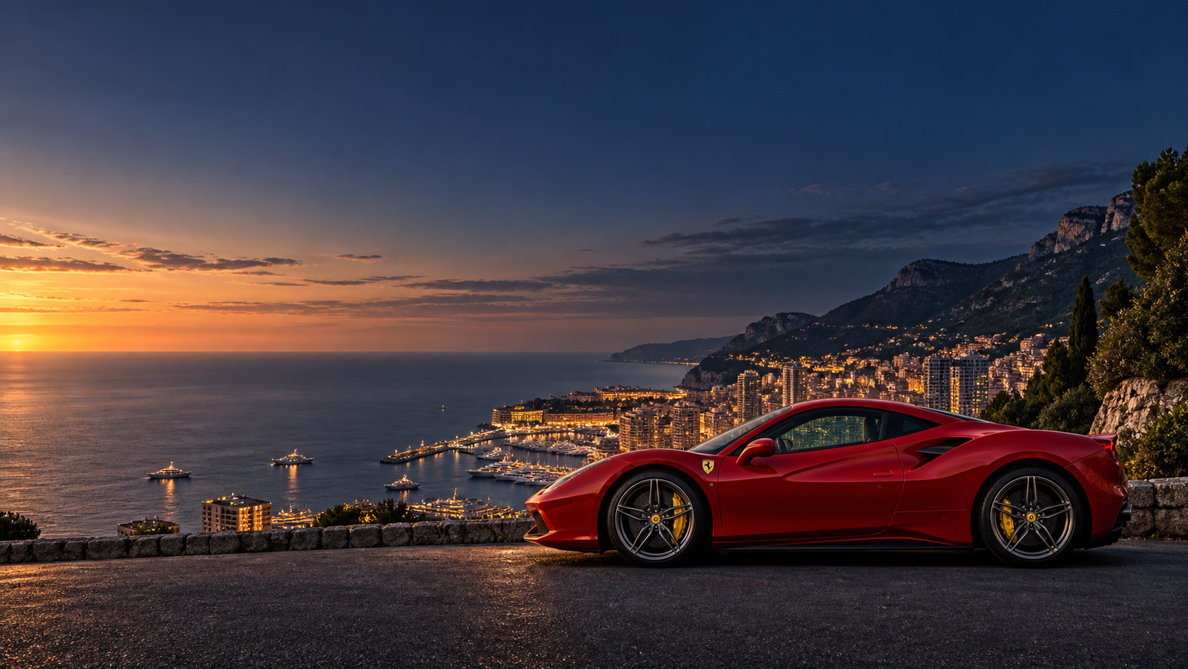 Ferrari 458 Speciale Aperta cockpit overlooking a coastal road at sunset